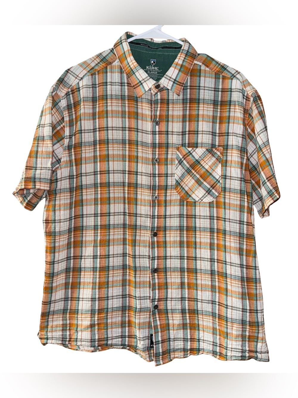 Kuhl Organic Cotton Lightweight Plaid Orange Green Short Sleeve Button Up XL